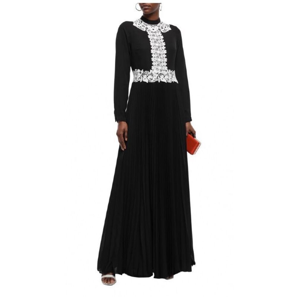 Mikael Aghal Long Pleated Lace Accent Dress